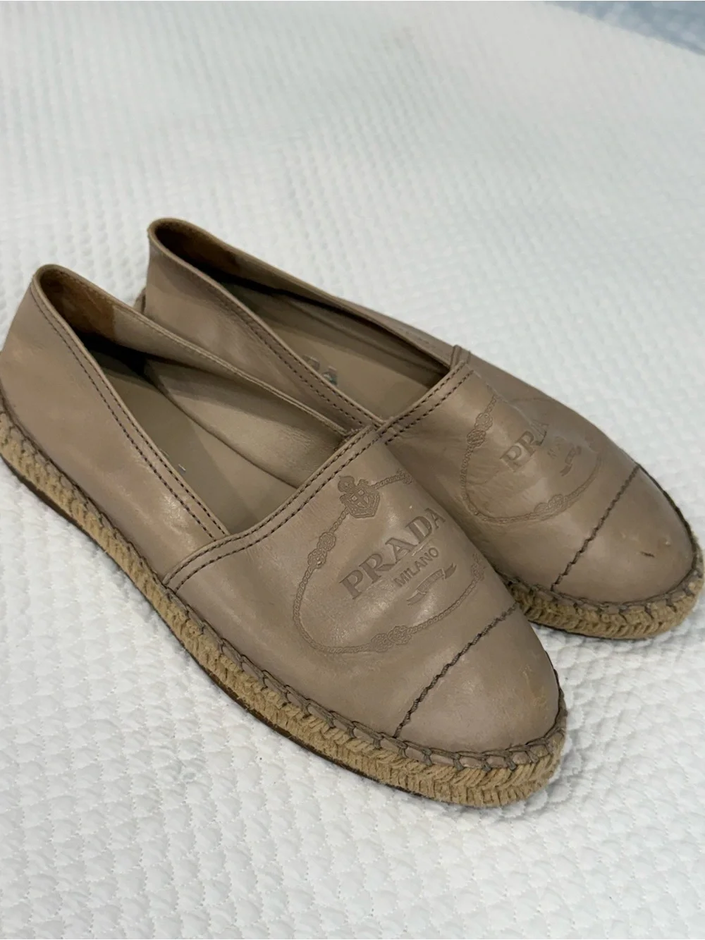 Prada Taupe Leather Espadrille Flats, Size 5 (IT 35)